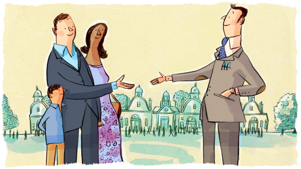 A family greeting a headmaster at an open day