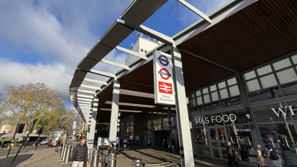 The exterior of Ealing Broadway station on a sunny day