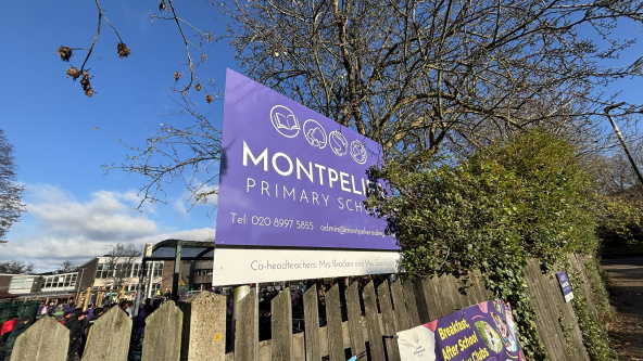 The school sign outside Montpelier Primary School, north Ealing