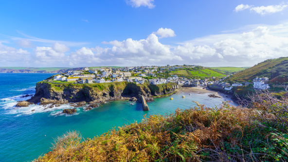 From high up on the hill overlooking the bay, the view of Port Isaac, North Cornwall.