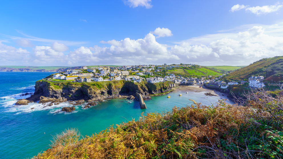 From high up on the hill overlooking the bay, the view of Port Isaac, North Cornwall.