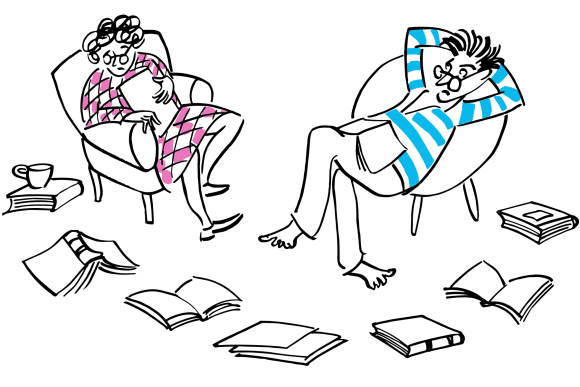 A man and woman surrounded by books