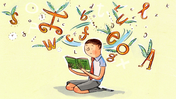 A boy reading a book with letters flying around him