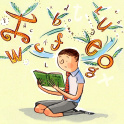 A boy reading a book with letters flying around him