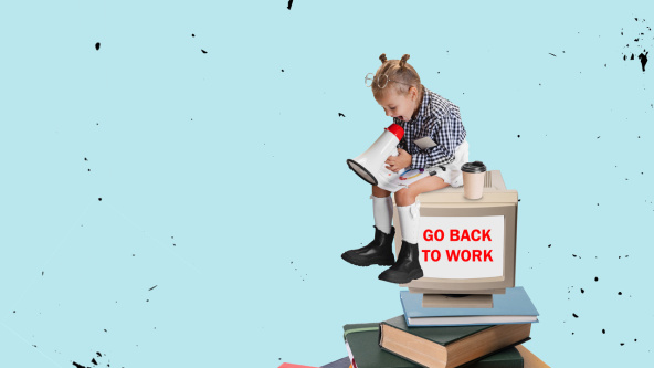 A child sitting on top of a computer monitor while screaming through a megaphone