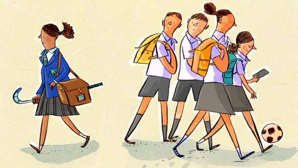 A grammar school girl walking past some state school children