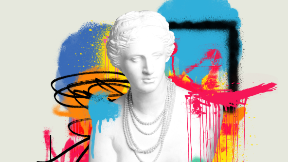 Classical statue bust adorned with pearl necklace and surrounded by colorful graffiti art.Credit: master1305