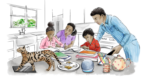 An illustration of a family sat at the kitchen table doing home schooling with books on the table and a bengal cat.