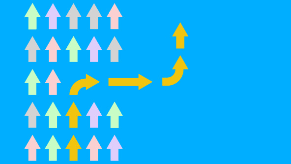 a simple illustration showing coloured arrows all moving in the same direction except one which points out of the group and then carries on on its own trajectory