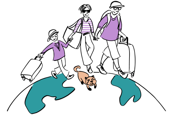 A family walking on top of the earth with luggage