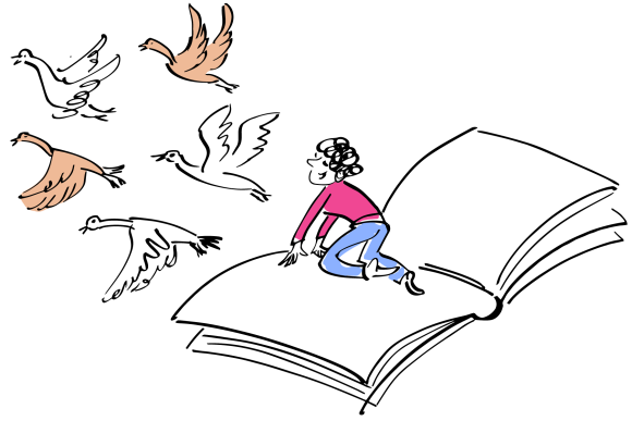 A child flying on an open book