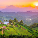 Kisoro Uganda beautiful sunset over mountains and hills of pastures and farms in villages of Uganda.