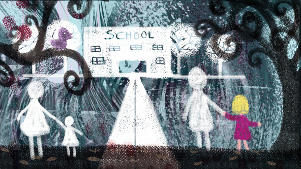 A child's drawing of a parent and child approaching a school