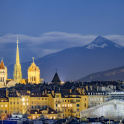 Geneva, beneath snowy mountains stock photo