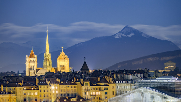 Geneva, beneath snowy mountains stock photo