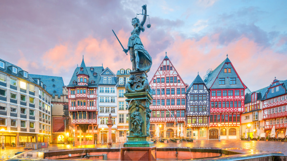 Old town square Romerberg in Frankfurt, Germany at twilight