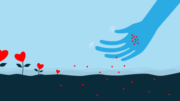 A hand sewing seeds from which flowers shaped like hearts bloom