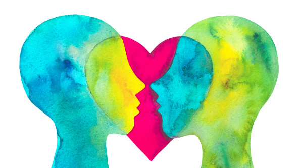 Two heads and a heart in watercolour