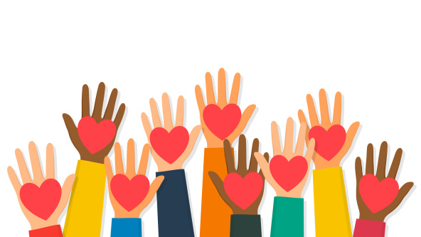 A range of hands in the air with hearts on them