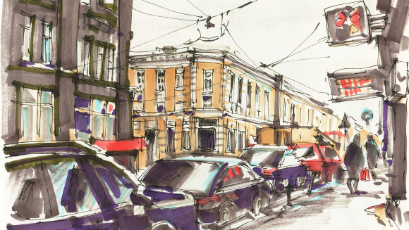 Hand-drawn illustration of busy urban street in a city centre with cars, buildings, people and shop signs.