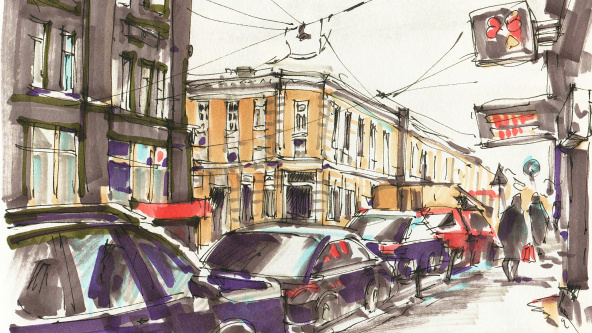 Hand-drawn illustration of busy urban street in a city centre with cars, buildings, people and shop signs.