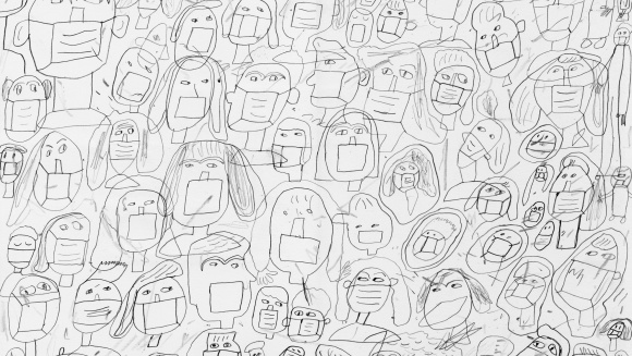 A drawing of lots of people wearing masks