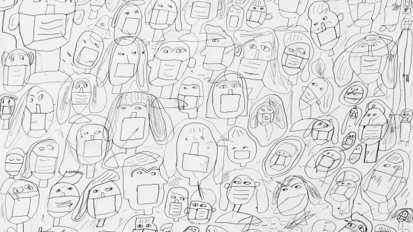 A drawing of lots of people wearing masks