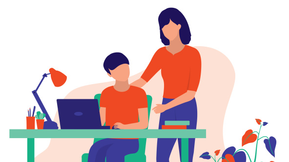 An illustration of a boy doing homeschooling with his mother behind him