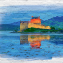 Watercolor of illuminated Eilean Donan Castle at night, Scotland