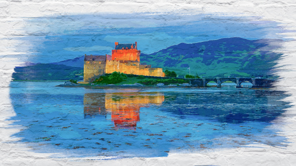 Watercolor of illuminated Eilean Donan Castle at night, Scotland