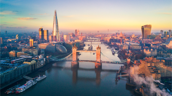 Aerial view of London and the Tower Bridge, England, United Kingdom