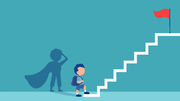 A boy going up some stairs to his goal while his shadow shows he's a superhero in a cape
