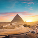 Pyramids and the Great Sphinx in Giza at sunset, Egypt