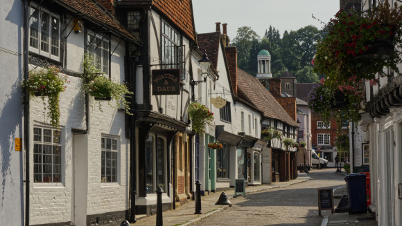 A picturesque row of shops on Church St, Godalming