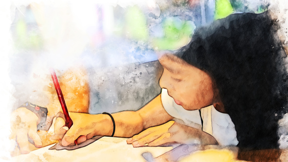 Abstract watercolour of a child writing