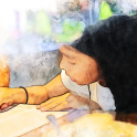Abstract watercolour of a child writing