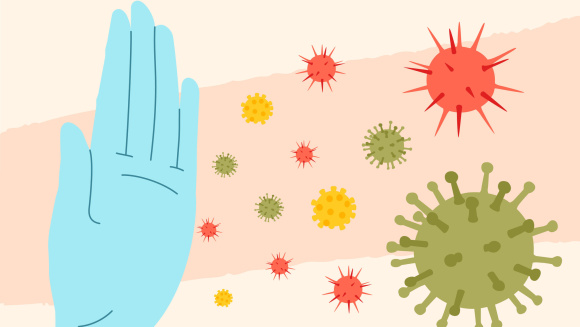 A gloved hand surrounded by germs