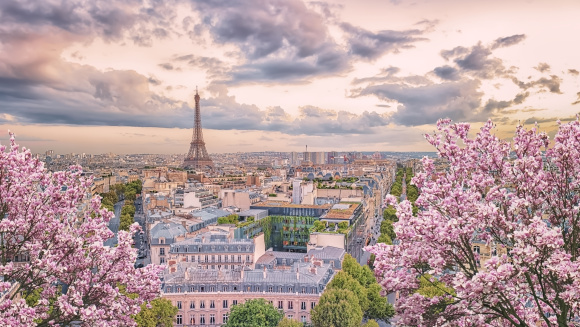 Paris city panorama at sunset