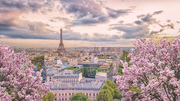 Paris city panorama at sunset