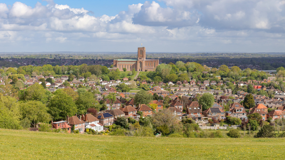 Guildford Cathedral and surrounding area, as seen from The Mount