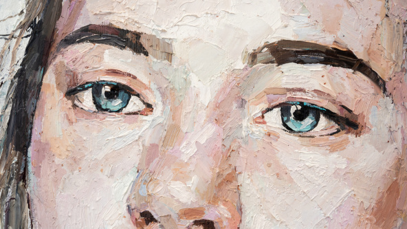 Oil painting of a blue-eyed girl on a white background