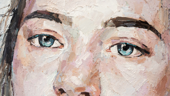 Oil painting of a blue-eyed girl on a white background