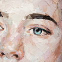 Oil painting of a blue-eyed girl on a white background