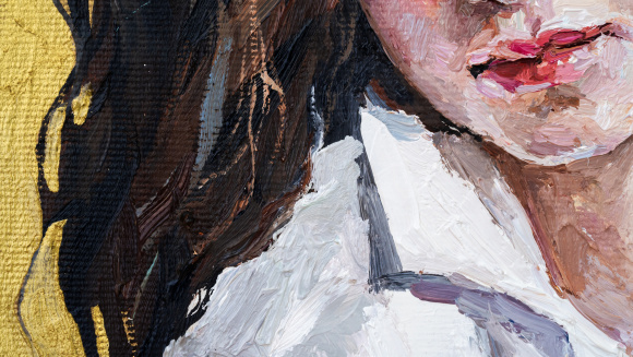 An oil painting of a girl in a white school shirt