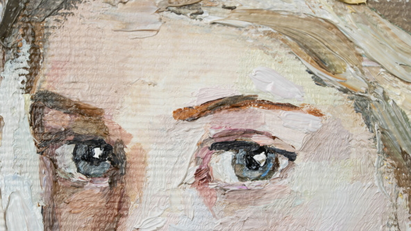 An oil painting of a girl with blue eyes