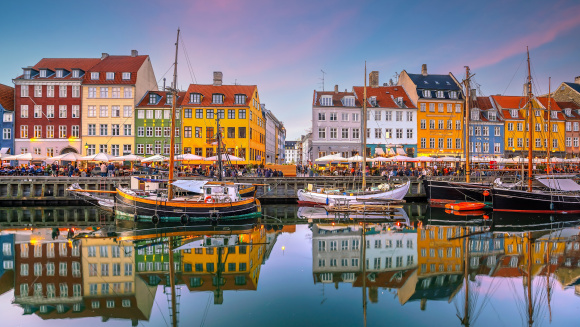 Copenhagen city skyline in Denmark at famous old Nyhavn port
