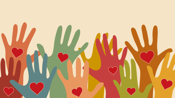 Multicolored hands with hearts in the palms