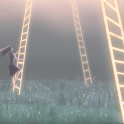 A young woman climbing a glowing ladder in a field of glowing ladders