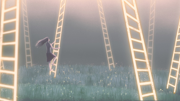 A young woman climbing a glowing ladder in a field of glowing ladders