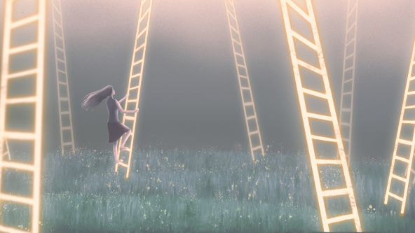 A young woman climbing a glowing ladder in a field of glowing ladders